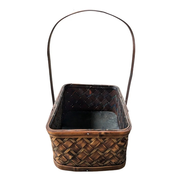 Wood Woven Basket with Handle Two Toned  Rectangular - Picture 3 of 8